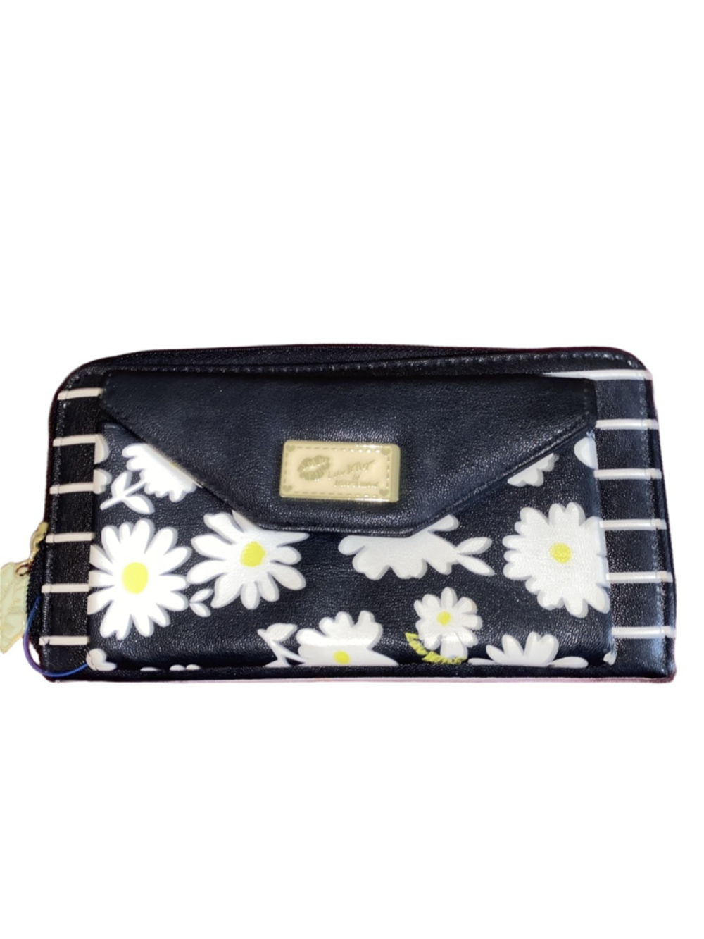 Women's Betsey Johnson Love Betsey Daisy Black Stripe Zippered Wallet Clutch